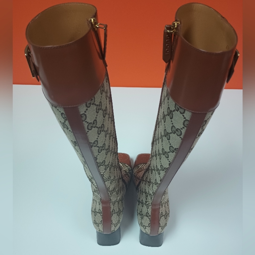 GUCCI Monogram Cordovan Lux GG Knee High Boots 36 Beige Cuir - Picture 4 of 12